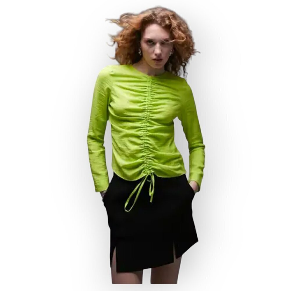 TopShop Long Sleeve Ruched Front Tie Neon Green Lime Crop Top Size 4 NWOT